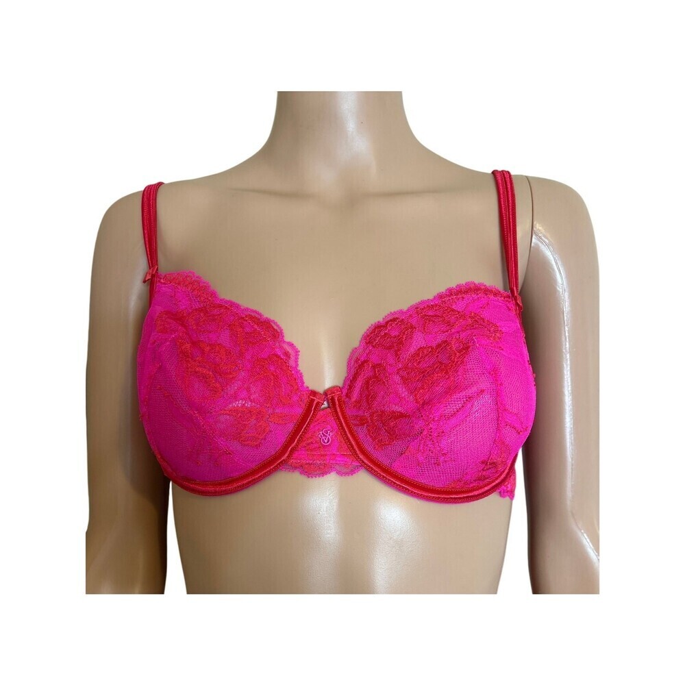 Victoria's Secret hot pink bra underwire no padding SZ 34D semi sheer lace